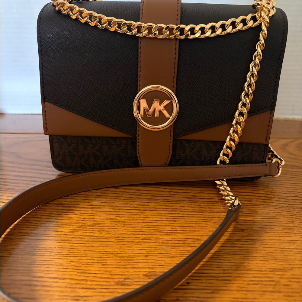 Michael Kors Black and Tan Crossbody Bag with Gold Chain